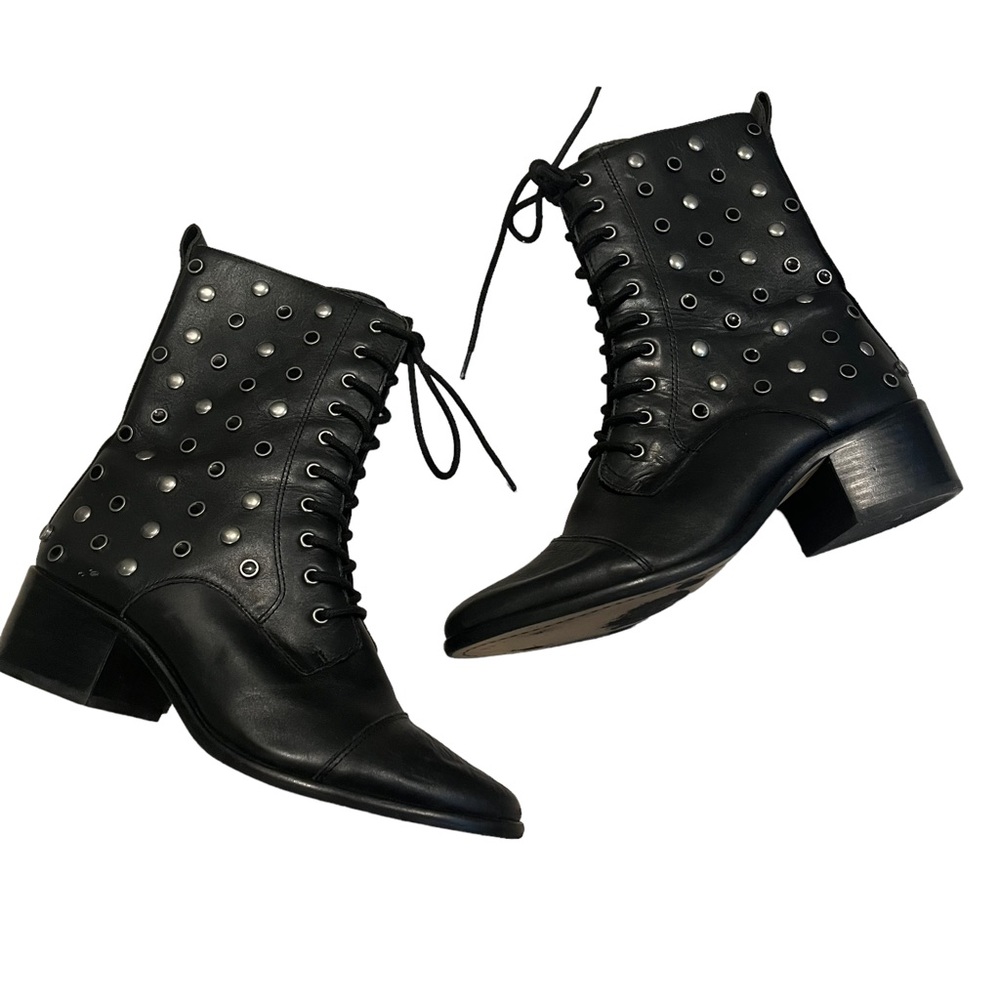 M4DE Black Leather Studded Mid Calf Boots, Sz 8